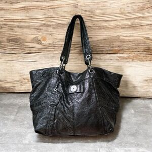 Kipling Metallic Black Leather Celia Shopper Hobo Monkey Tote